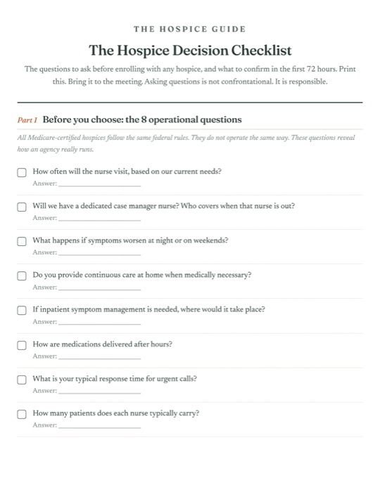 Page one of the Hospice Decision Checklist